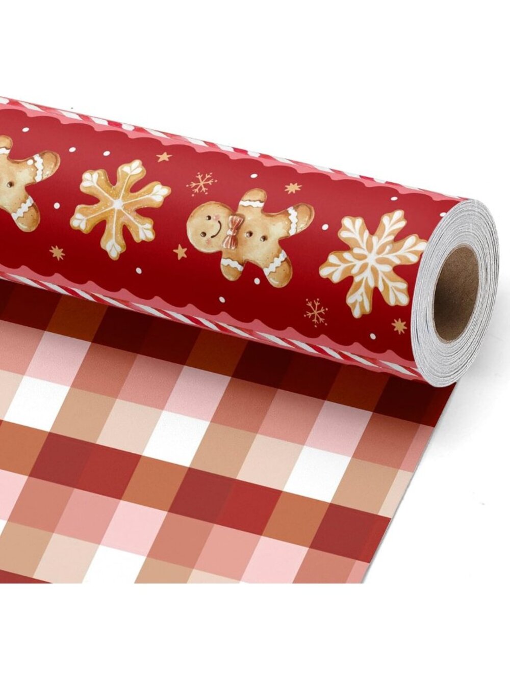 Festive Red Gingerbread Man & Plaid Christmas Wrapping Paper - Holiday Gift Wrap